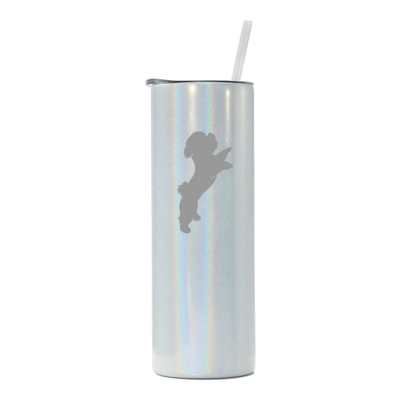 20 oz Skinny Tall Tumbler Stainless Steel Vacuum Insulated Travel Mug Cup With Straw Bichon Frise (White Iridescent Glitter)