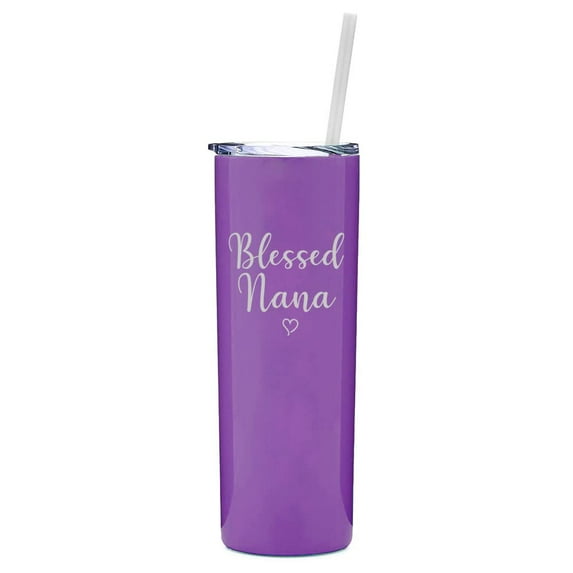 20 oz Skinny Tall Tumbler Stainless Steel Vacuum Insulated Travel Mug Cup With Straw Blessed Nana (Purple)