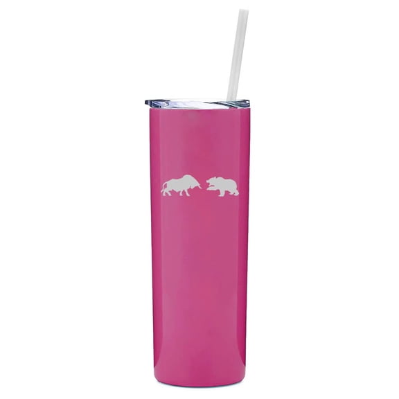 20 oz Skinny Tall Tumbler Stainless Steel Vacuum Insulated Travel Mug Cup With Straw Bull Vs Bear Stock Market Day Trader (Hot Pink)