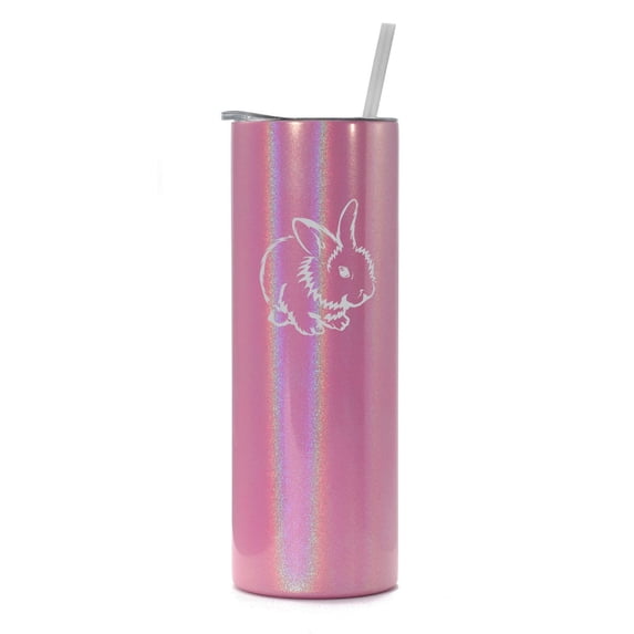 20 oz Skinny Tall Tumbler Stainless Steel Vacuum Insulated Travel Mug Cup With Straw Cute Bunny (Pink Iridescent Glitter)