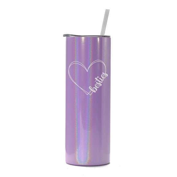20 oz Skinny Tall Tumbler Stainless Steel Vacuum Insulated Travel Mug Cup With Straw Gift Double Heart Besties Best Friend (Purple Iridescent Glitter)