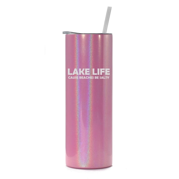 20 oz Skinny Tall Tumbler Stainless Steel Vacuum Insulated Travel Mug Cup With Straw Gift Lake Life Funny (Pink Iridescent Glitter)