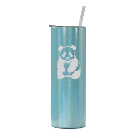 20 oz Skinny Tall Tumbler Stainless Steel Vacuum Insulated Travel Mug Cup With Straw Gift Panda (Light Blue Iridescent Glitter)