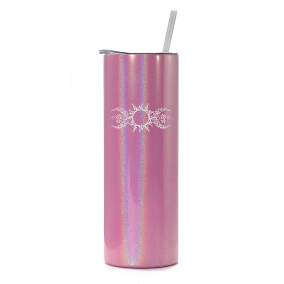 20 oz Skinny Tall Tumbler Stainless Steel Vacuum Insulated Travel Mug Cup With Straw Gift Triple Goddess Moon (Pink Iridescent Glitter)