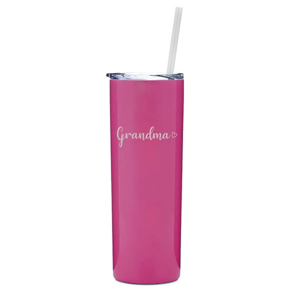 20 oz Skinny Tall Tumbler Stainless Steel Vacuum Insulated Travel Mug Cup With Straw Grandma With Heart (Hot Pink)