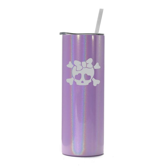 20 oz Skinny Tall Tumbler Stainless Steel Vacuum Insulated Travel Mug Cup With Straw Heart Skull Bow (Purple Iridescent Glitter)