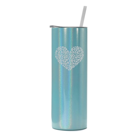 20 oz Skinny Tall Tumbler Stainless Steel Vacuum Insulated Travel Mug Cup With Straw Leopard Print Love Heart (Light Blue Iridescent Glitter)