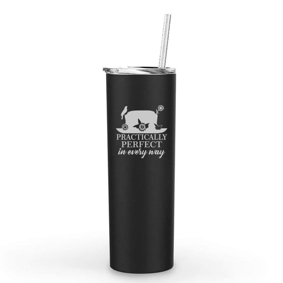 20 oz Skinny Tall Tumbler Stainless Steel Vacuum Insulated Travel Mug Cup With Straw Practically Perfect In Every Way (Black)