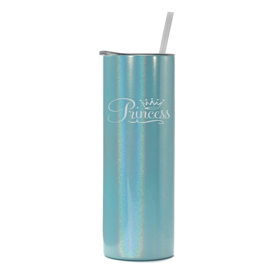 20 oz Skinny Tall Tumbler Stainless Steel Vacuum Insulated Travel Mug Cup With Straw Princess Fancy (Light Blue Iridescent Glitter)