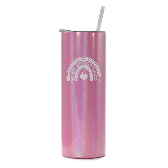 20 oz Skinny Tall Tumbler Stainless Steel Vacuum Insulated Travel Mug Cup With Straw School Rainbow Teacher Counselor (Pink Iridescent Glitter)