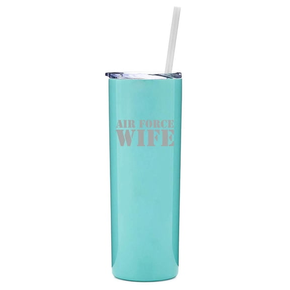 20 oz Skinny Tall Tumbler Stainless Steel Vacuum Insulated Travel Mug With Straw Air Force Wife (Light Blue)