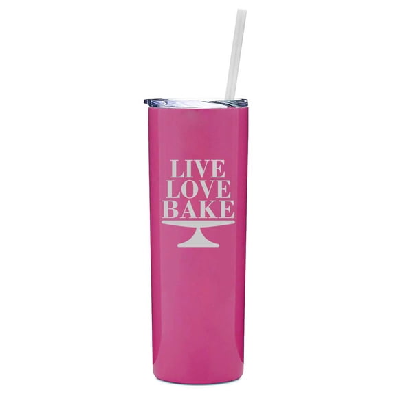 20 oz Skinny Tall Tumbler Stainless Steel Vacuum Insulated Travel Mug With Straw Live Love Bake (Hot Pink)