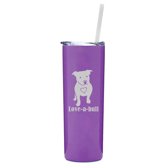 20 oz Skinny Tall Tumbler Stainless Steel Vacuum Insulated Travel Mug With Straw Love-A-Bull Pit Bull Love (Purple)