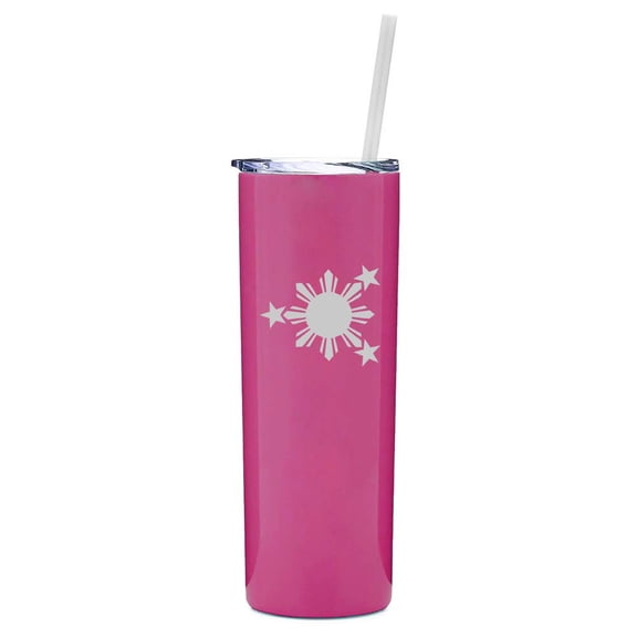 20 oz Skinny Tall Tumbler Stainless Steel Vacuum Insulated Travel Mug With Straw Philippines Stars And Sun (Hot Pink)