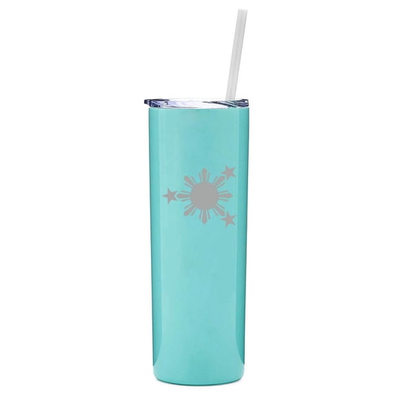 20 oz Skinny Tall Tumbler Stainless Steel Vacuum Insulated Travel Mug With Straw Philippines Stars And Sun (Light Blue)