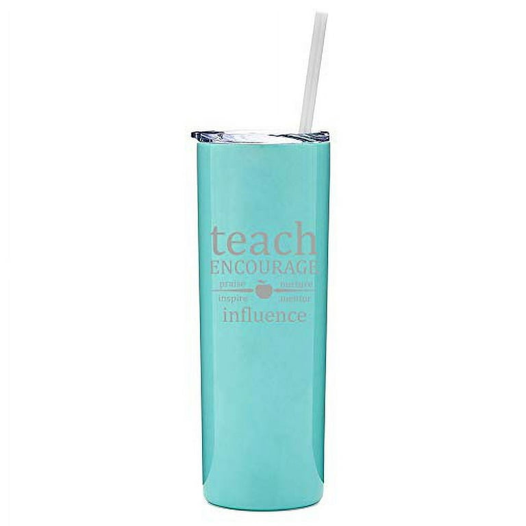 20 oz Skinny Tall Tumbler Stainless Steel Vacuum Insulated Travel Mug with Straw Teach Encourage Influence Teacher (Light Blue)