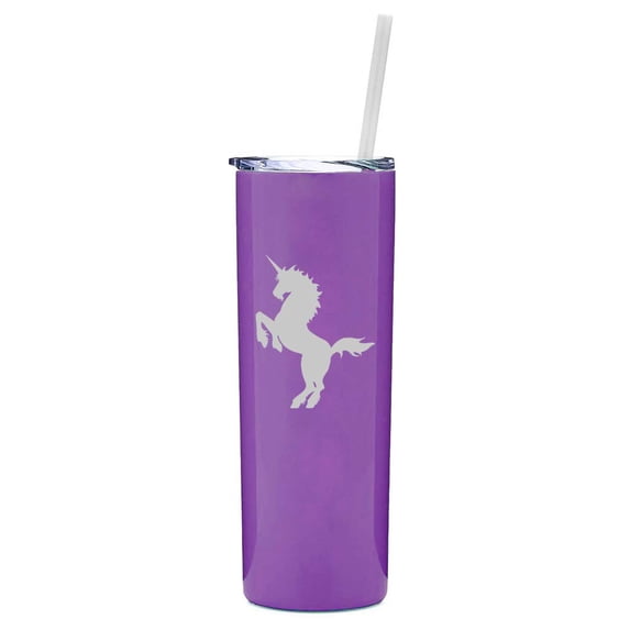 20 oz Skinny Tall Tumbler Stainless Steel Vacuum Insulated Travel Mug With Straw Unicorn (Purple)