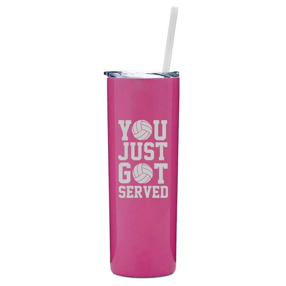 20 oz Skinny Tall Tumbler Stainless Steel Vacuum Insulated Travel Mug With Straw You Just Got Served Volleyball (Hot Pink)
