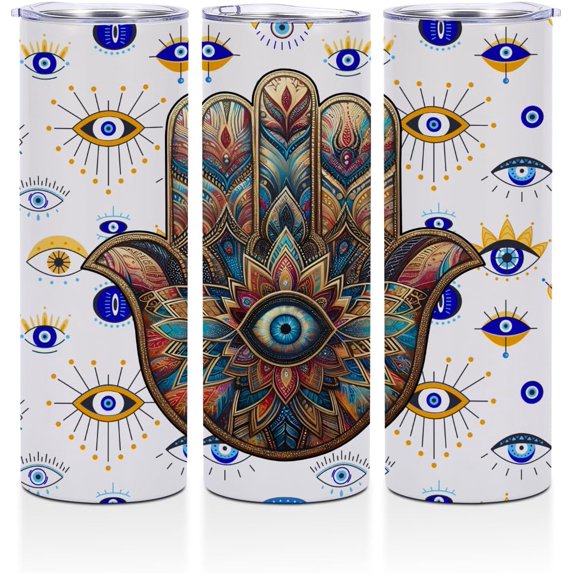 20 oz Skinny Tumbler Stainless Steel Slim Insulated Tumblers Straight Tumbler Cups Coffee Mug Thermal Travel Cup with Lid, Christmas Birthday Witchy Gifts for Women, Celestial Hamsa Hand Evil Eye