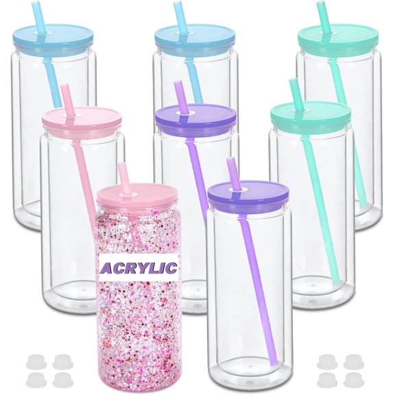 20 oz Snowglobe Tumbler, 8 Pack Double Wall Snow Globe Cups with Pre Drilled Hole, Plastic Mason Jar Cups Can for Snow Globe Glitter DIY (Mixed Color)