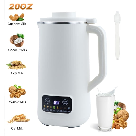 20oz Fully Automatic Soymilk Machine, Multifunctional Nut Milk Machine, Timed Keep Warm and Automatic Cleaning, White