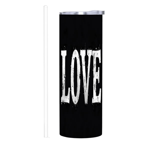 20 oz Stainless Steel Insulated Tumbler - Artistic ' LOVE ' Design Distressed Grunge Effect with Lid & Straw - Perfect for Home Office & Travel