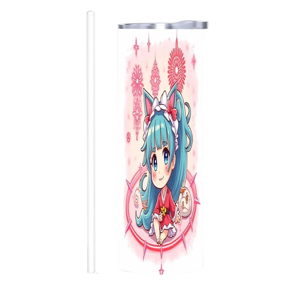 20 oz Stainless Steel Insulated Tumbler - Cartoon Girl with Blue Hair Floral Pink Background Reusable Travel Mug with Lid & Straw