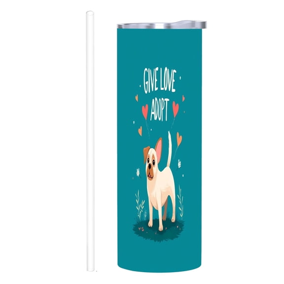 20 oz Stainless Steel Insulated Tumbler - Cheerful Dog Design with Hearts " GIVE LOVE ADOPT " - Perfect for Home Office & Travel