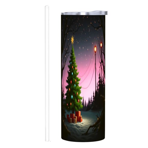 20 oz Stainless Steel Insulated Tumbler - Christmas Tree & Presents Design Double Wall Travel Mug with Lid & Straw for Home Office Car