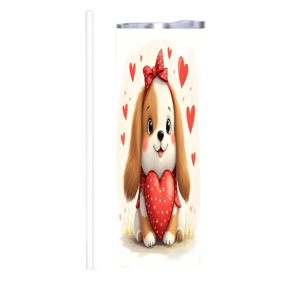 20 oz Stainless Steel Insulated Tumbler - Cute Cartoon Dog with Red Bow & Hearts Double Wall Travel Mug with Lid & Straw