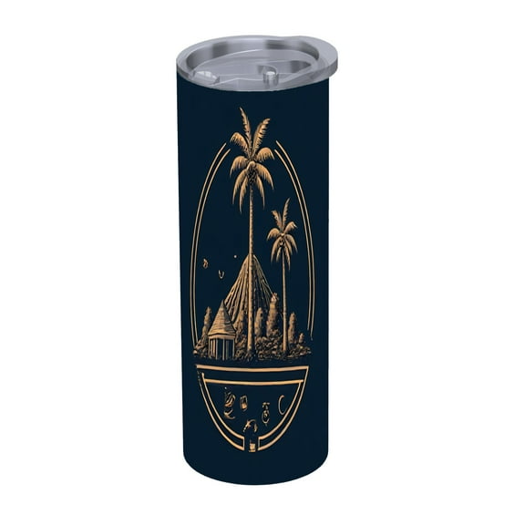 20 oz Stainless Steel Insulated Tumbler - Elegant Dark Blue with Gold Palm Trees & Temple Design Reusable Travel Mug with Lid & Straw