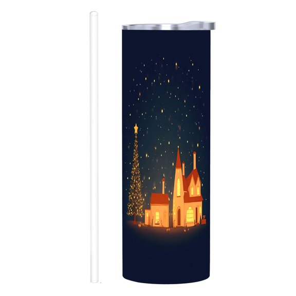 20 oz Stainless Steel Insulated Tumbler - Festive Christmas Tree & Cozy House Design Double Wall Travel Mug with Lid & Straw