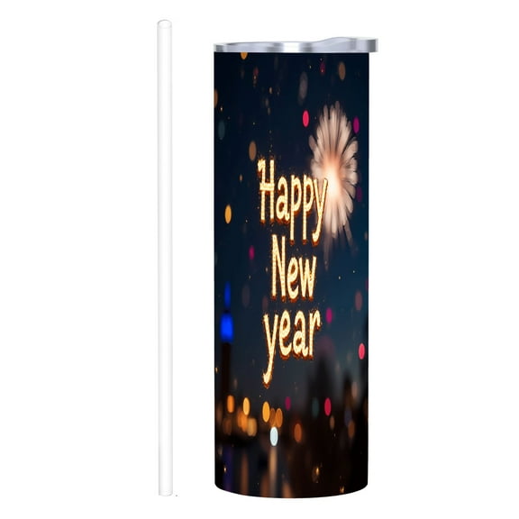 20 oz Stainless Steel Insulated Tumbler - Festive ' Happy New Year ' Design Metallic Top Double Wall Reusable Mug for Home Office & Car
