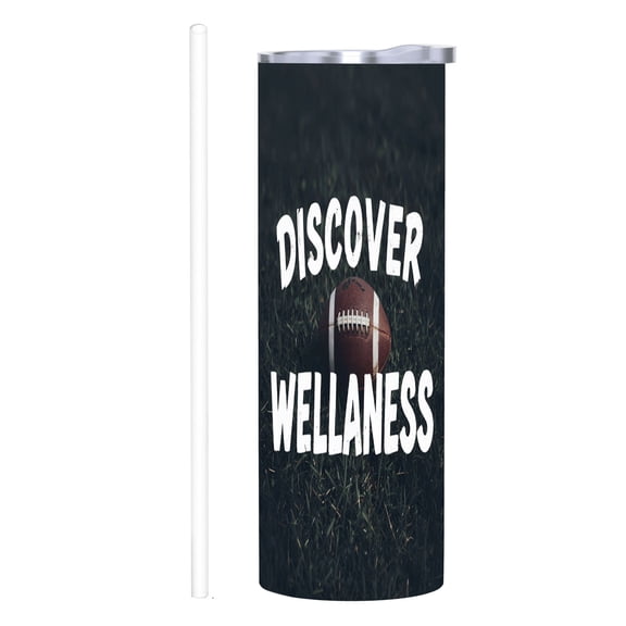 20 oz Stainless Steel Insulated Tumbler - Grass & Football Design " DISCOVER WELLNESS " - Reusable Travel Mug with Lid & Straw