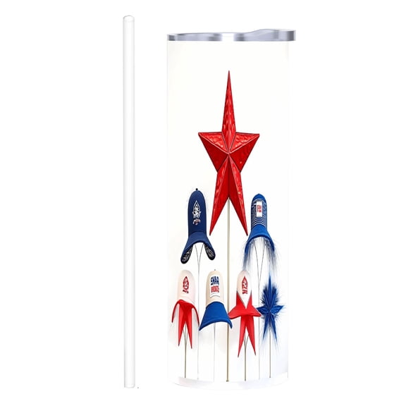 20 oz Stainless Steel Insulated Tumbler - Patriotic Red Star Design with Blue & White Accents Reusable Travel Mug with Lid & Straw