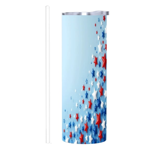20 oz Stainless Steel Insulated Tumbler - Patriotic Red White & Blue Star Design Double Wall Travel Mug with Lid & Straw