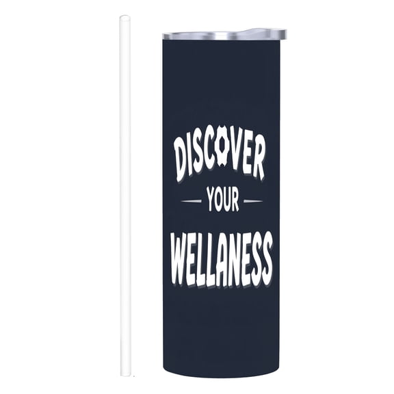 20 oz Stainless Steel Insulated Tumbler - Sleek Dark Blue with Bold ' DISCOVER YOUR WELLNESS ' Design Perfect for Home Office & Travel