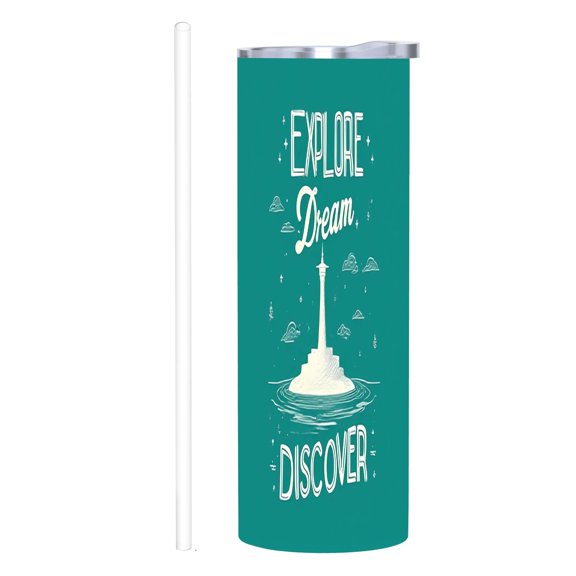 20 oz Stainless Steel Insulated Tumbler - Teal Background with Tower Illustration Stars & Clouds - Reusable Travel Mug with Lid & Straw