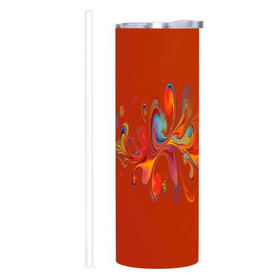 20 oz Stainless Steel Insulated Tumbler - Vibrant Abstract Swirl Design in Orange Red Blue & Purple - Reusable Travel Mug with Lid & Straw