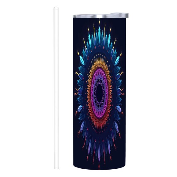 20 oz Stainless Steel Insulated Tumbler - Vibrant Mandala Design in Blue Purple Orange & Red - Reusable Travel Mug with Lid & Straw