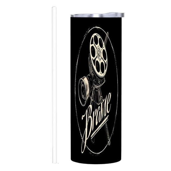 20 oz Stainless Steel Insulated Tumbler - Vintage Film Reel Design Elegant ' Braime ' Script Perfect for Home Office & Travel