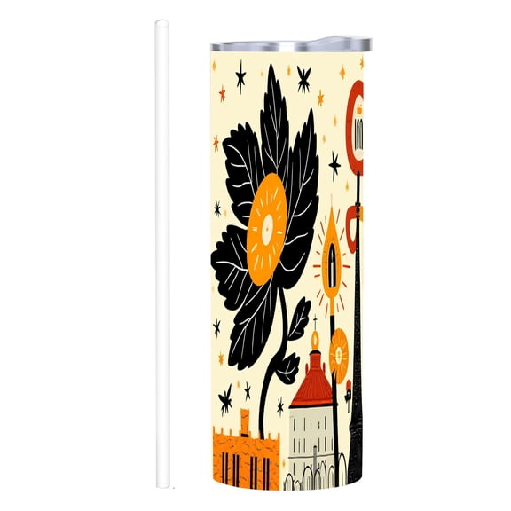 20 oz Stainless Steel Insulated Tumbler - Whimsical Floral & Leaf Design with Sun & Stars - Reusable Travel Mug for Home Office & Car