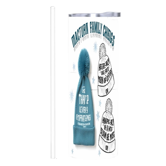 20 oz Stainless Steel Insulated Tumbler - Winter-Themed Design with Blue Knit Hats & Pom - Poms Perfect for Home Office & Travel