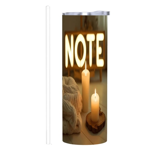 20 oz Stainless Steel Insulated Tumbler with Cozy Candle Design Double Wall Travel Mug with Lid & Straw for Home Office & Car