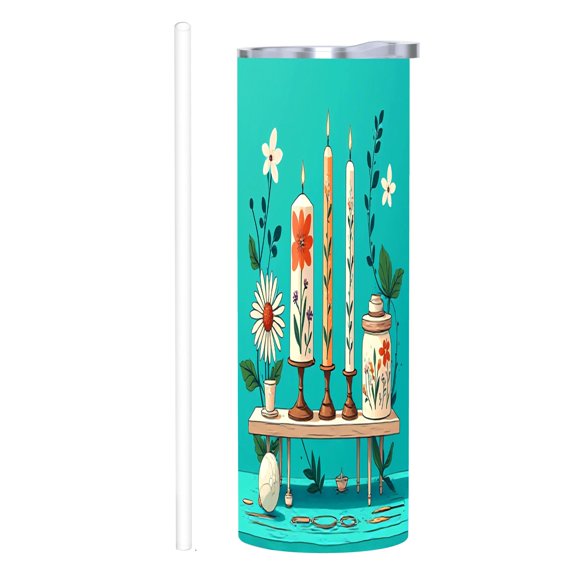 20 oz Stainless Steel Insulated Tumbler with Floral & Candle Design Lid Reusable Travel Mug for Home Office & Car - Whimsical Nature Aesthetic