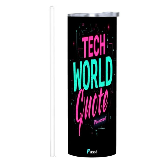 20 oz Stainless Steel Insulated Tumbler with Metallic Lid & Straw - Modern Tech Design Colorful " TECH WORLD Quote " Pattern for Home Office & Car
