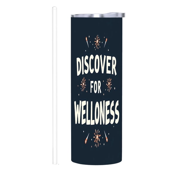 20 oz Stainless Steel Insulated Tumbler with Metallic Lid & Straw - Stylish Dark Blue with White ' DISCOVER FOR WELLNESS ' Text & Orange Fireworks