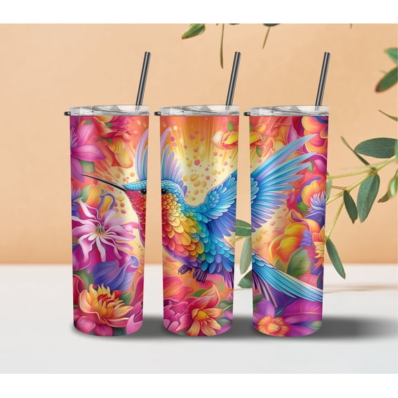 20 oz Straight Tumbler, 3D Effect Neon Rainbow Hummingbird Alcohol Ink Artwork, Reusable Drink Cup for Water and Coffee, Hummingbird Gift for Women, for Home, Work, Car, Travel and Everyday Use