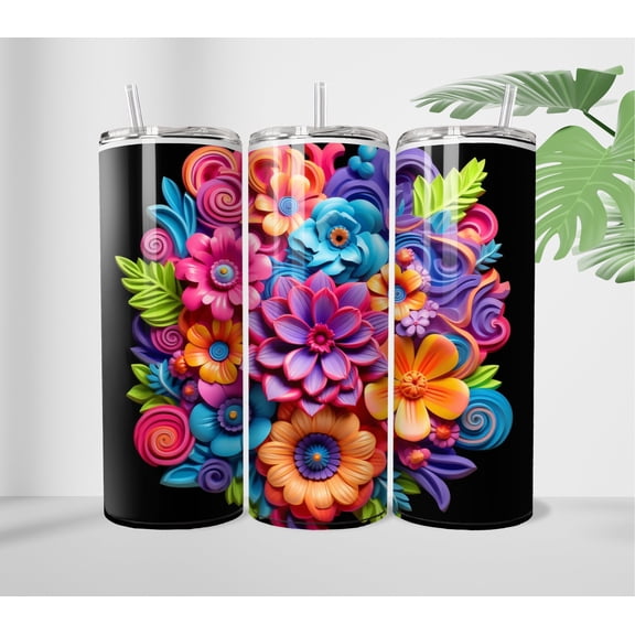 20 oz Straight Tumbler Cup with 3D Effect Rainbow Flower Artwork, Reusable Drinkware for Water and Coffee, Colorful Gift for Women, Floral Everyday Cup for Home, Office, Travel, Car and Daily Use