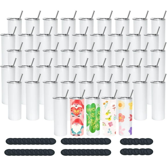 20 oz Sublimation Tumblers, 50 Pack Straight Skinny Tumbler Bulk Blanks Stainless Steel Double Wall Insulated Tumbler Cups, DIY for Heat Press Machine, Individually Boxed, Metal Straws